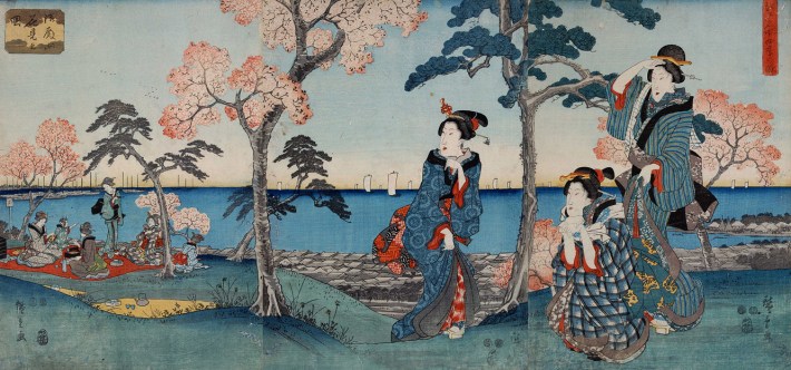 Mujeres haciendo hanami. Grabado de época